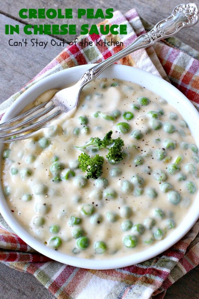 Creole Peas in Cheese Sauce | Can't Stay Out of the Kitchen | this wonderful #sidedish is flavored with #Creole seasoning & #cheddarcheese. It takes less than 10 minutes to make so it's perfect for #holiday or company dinners. #peas #vegetable