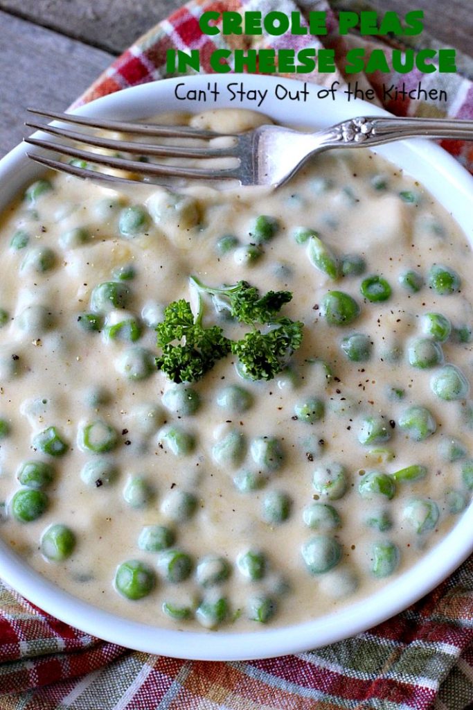 Creole Peas in Cheese Sauce | Can't Stay Out of the Kitchen | this wonderful #sidedish is flavored with #Creole seasoning & #cheddarcheese. It takes less than 10 minutes to make so it's perfect for #holiday or company dinners. #peas #vegetable