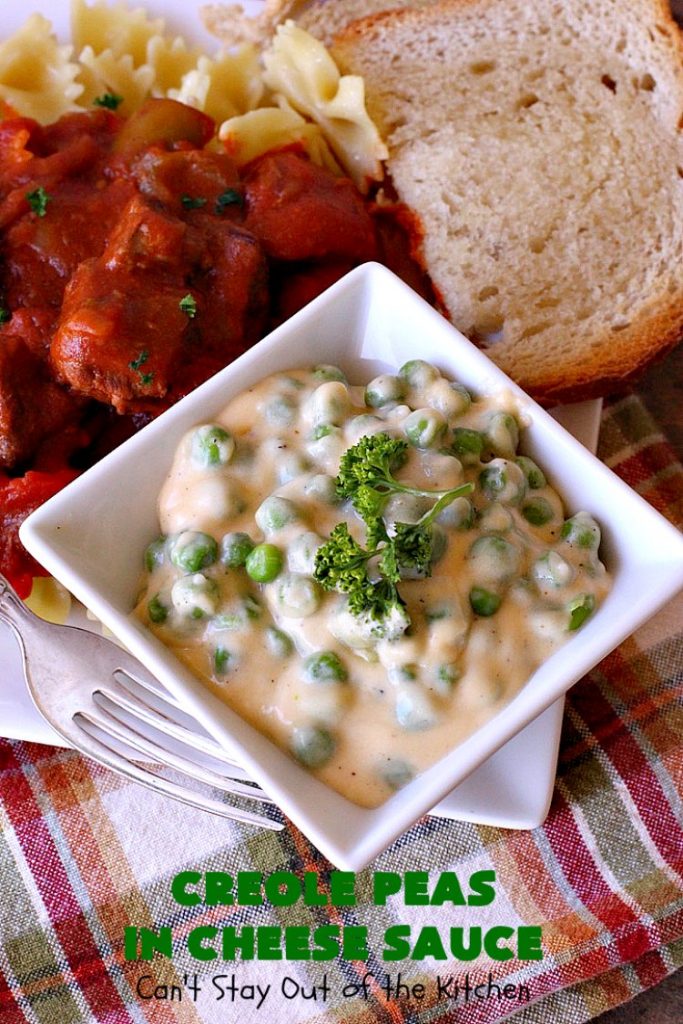 Creole Peas in Cheese Sauce | Can't Stay Out of the Kitchen | this wonderful #sidedish is flavored with #Creole seasoning & #cheddarcheese. It takes less than 10 minutes to make so it's perfect for #holiday or company dinners. #peas #vegetable