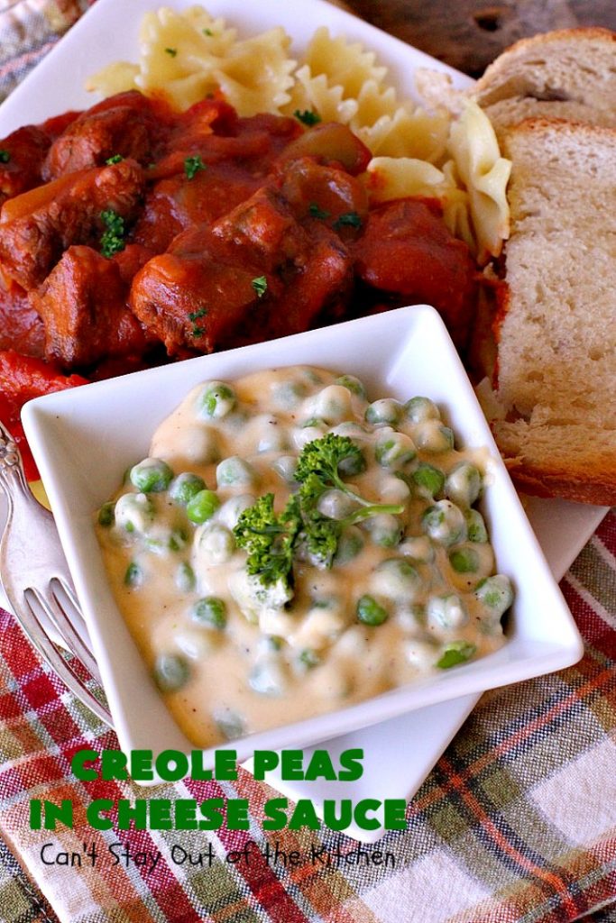 Creole Peas in Cheese Sauce | Can't Stay Out of the Kitchen | this wonderful #sidedish is flavored with #Creole seasoning & #cheddarcheese. It takes less than 10 minutes to make so it's perfect for #holiday or company dinners. #peas #vegetable