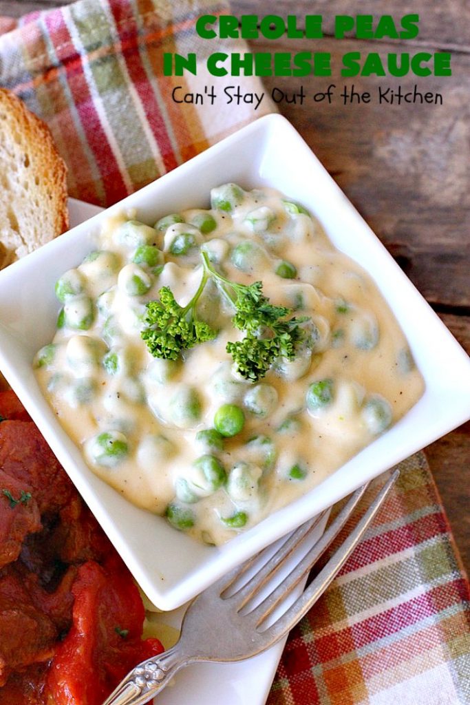 Creole Peas in Cheese Sauce | Can't Stay Out of the Kitchen | this wonderful #sidedish is flavored with #Creole seasoning & #cheddarcheese. It takes less than 10 minutes to make so it's perfect for #holiday or company dinners. #peas #vegetable