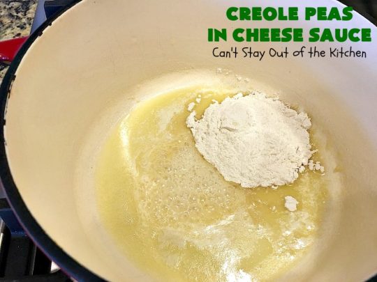 Creole Peas in Cheese Sauce | Can't Stay Out of the Kitchen | this wonderful #sidedish is flavored with #Creole seasoning & #cheddarcheese. It takes less than 10 minutes to make so it's perfect for #holiday or company dinners. #peas #vegetable