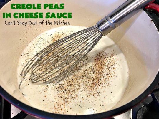 Creole Peas in Cheese Sauce | Can't Stay Out of the Kitchen | this wonderful #sidedish is flavored with #Creole seasoning & #cheddarcheese. It takes less than 10 minutes to make so it's perfect for #holiday or company dinners. #peas #vegetable