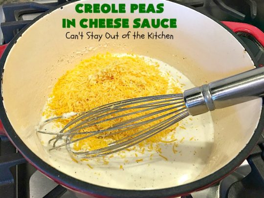 Creole Peas in Cheese Sauce | Can't Stay Out of the Kitchen | this wonderful #sidedish is flavored with #Creole seasoning & #cheddarcheese. It takes less than 10 minutes to make so it's perfect for #holiday or company dinners. #peas #vegetable