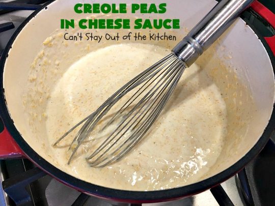 Creole Peas in Cheese Sauce | Can't Stay Out of the Kitchen | this wonderful #sidedish is flavored with #Creole seasoning & #cheddarcheese. It takes less than 10 minutes to make so it's perfect for #holiday or company dinners. #peas #vegetable