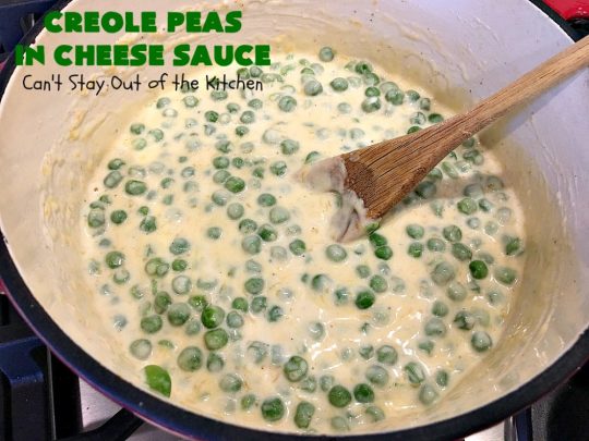 Creole Peas in Cheese Sauce | Can't Stay Out of the Kitchen | this wonderful #sidedish is flavored with #Creole seasoning & #cheddarcheese. It takes less than 10 minutes to make so it's perfect for #holiday or company dinners. #peas #vegetable