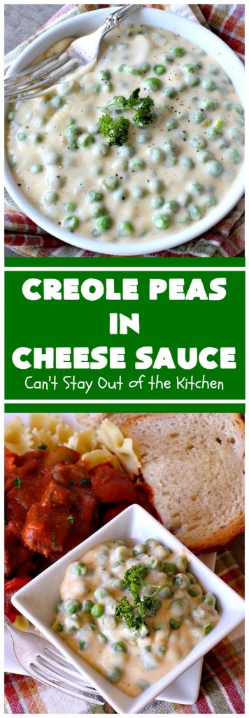 Creole Peas in Cheese Sauce | Can't Stay Out of the Kitchen | this wonderful #sidedish is flavored with #Creole seasoning & #cheddarcheese. It takes less than 10 minutes to make so it's perfect for #holiday or company dinners. #peas #vegetable