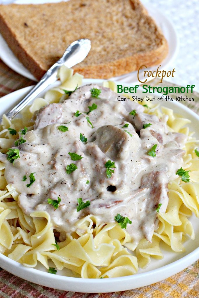 Crockpot Beef Stroganoff | Can't Stay Out of the Kitchen | the BEST and easiest #beef #stroganoff recipe ever! We make this entree all the time served over #noodles. #slowcooker