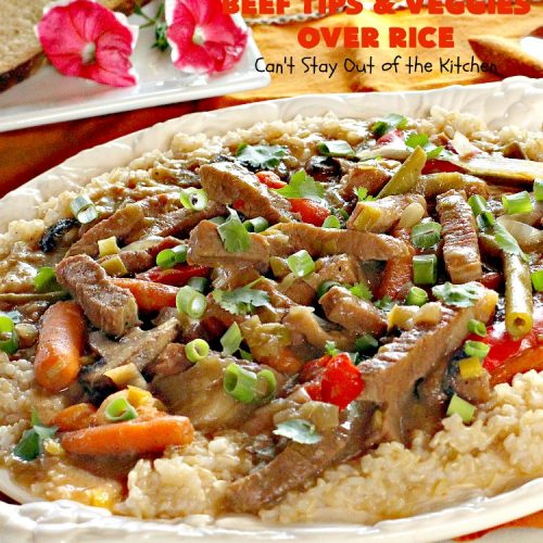 Crockpot Beef Tips and Veggies Over Rice | Can't Stay Out of the Kitchen | this sensational #beef entree takes 10 minutes prep. work & then cooked in the #crockpot. It's really easy, but also healthy since it uses NO canned soups or gravy mix. #glutenfree #carrots #greenbeans #beeftips