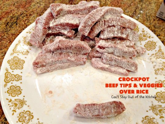 Crockpot Beef Tips and Veggies Over Rice | Can't Stay Out of the Kitchen | this sensational #beef entree takes 10 minutes prep. work & then cooked in the #crockpot. It's really easy, but also healthy since it uses NO canned soups or gravy mix. #glutenfree #carrots #greenbeans #beeftips