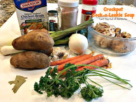 Crockpot Cock-a-Leekie Soup | Can't Stay Out of the Kitchen | delicious & easy #soup made in the #crockpot. Great way to use up leftover #turkey, too. #glutenfree #chicken #leeks