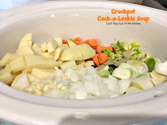 Crockpot Cock-a-Leekie Soup | Can't Stay Out of the Kitchen | delicious & easy #soup made in the #crockpot. Great way to use up leftover #turkey, too. #glutenfree #chicken #leeks