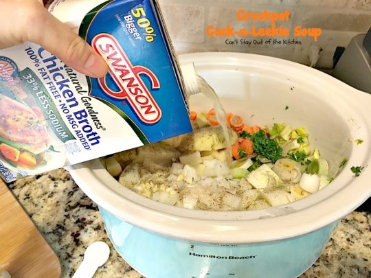 Crockpot Cock-a-Leekie Soup | Can't Stay Out of the Kitchen | delicious & easy #soup made in the #crockpot. Great way to use up leftover #turkey, too. #glutenfree #chicken #leeks