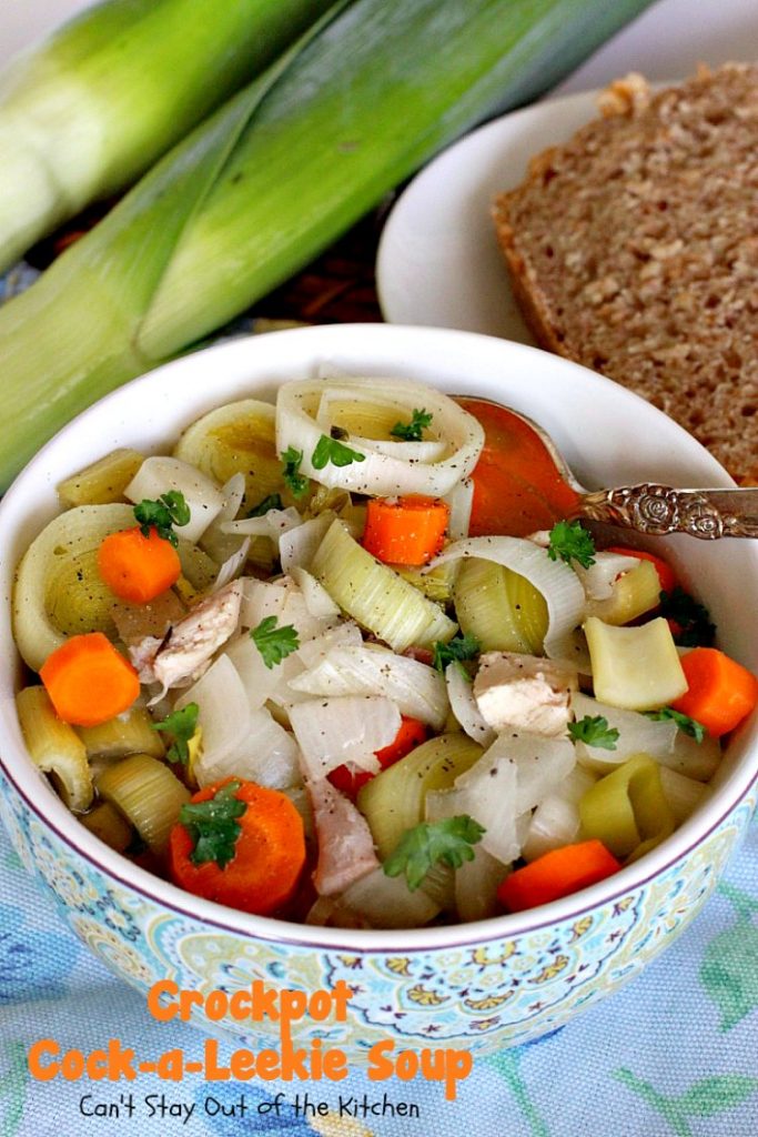 Crockpot Cock-a-Leekie Soup | Can't Stay Out of the Kitchen | delicious & easy #soup made in the #crockpot. Great way to use up leftover #turkey, too. #glutenfree #chicken #leeks