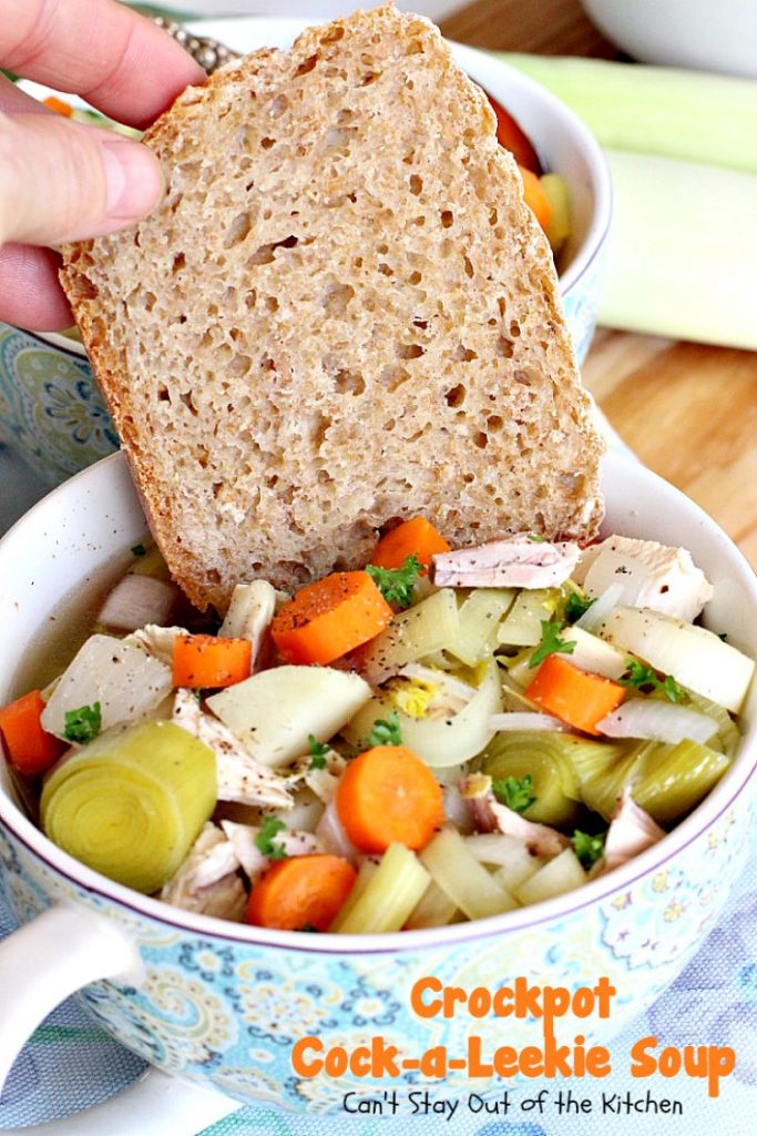 Crockpot Cock-a-Leekie Soup | Can't Stay Out of the Kitchen | delicious & easy #soup made in the #crockpot. Great way to use up leftover #turkey, too. #glutenfree #chicken #leeks