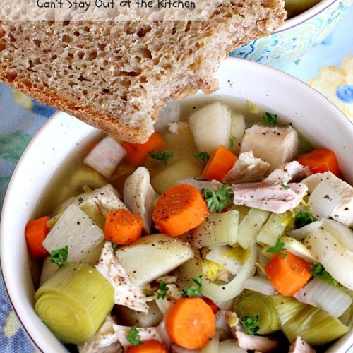 Crockpot Cock-a-Leekie Soup | Can't Stay Out of the Kitchen | delicious & easy #soup made in the #crockpot. Great way to use up leftover #turkey, too. #glutenfree #chicken #leeks