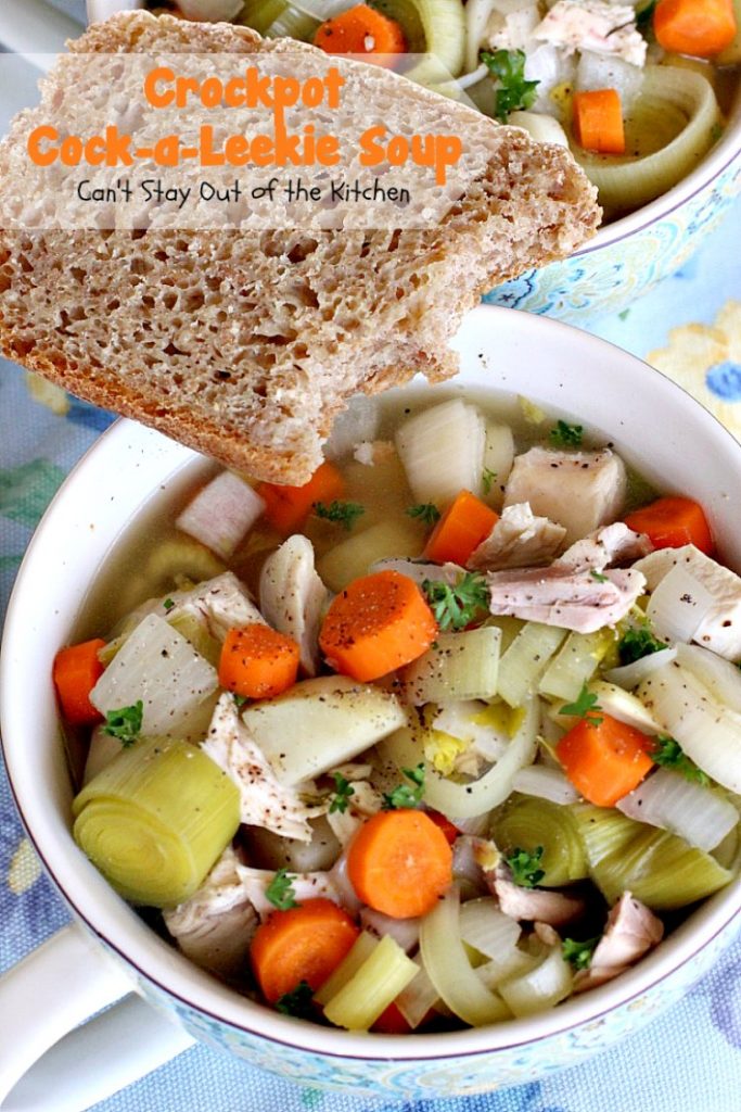 Crockpot Cock-a-Leekie Soup | Can't Stay Out of the Kitchen | delicious & easy #soup made in the #crockpot. Great way to use up leftover #turkey, too. #glutenfree #chicken #leeks