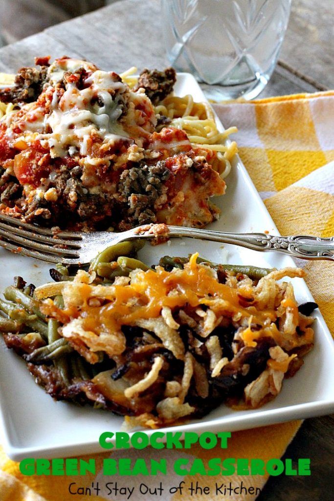Crockpot Green Bean Casserole | Can't Stay Out of the Kitchen | this fantastic #greenbean #casserole is NOT the traditional #recipe. This one is SO much better! It uses #cheddarcheese #waterchestnuts & cream of celery soup along with #FrenchFriedOnions. The flavors are marvelous. Perfect for #holidays like #Thanksgiving or #Christmas.