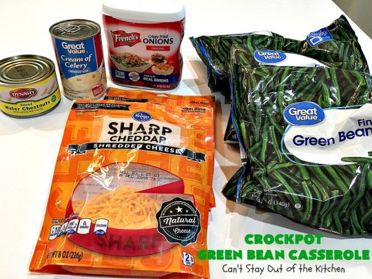 Crockpot Green Bean Casserole | Can't Stay Out of the Kitchen | this fantastic #greenbean #casserole is NOT the traditional #recipe. This one is SO much better! It uses #cheddarcheese #waterchestnuts & cream of celery soup along with #FrenchFriedOnions. The flavors are marvelous. Perfect for #holidays like #Thanksgiving or #Christmas.