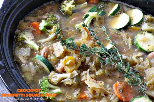 Crockpot Spaghetti Squash Soup | Can't Stay Out of the Kitchen | #spaghettisquash is wonderful in this delicious #soup. Great comfort food, yet healthy & low calorie. #glutenfree