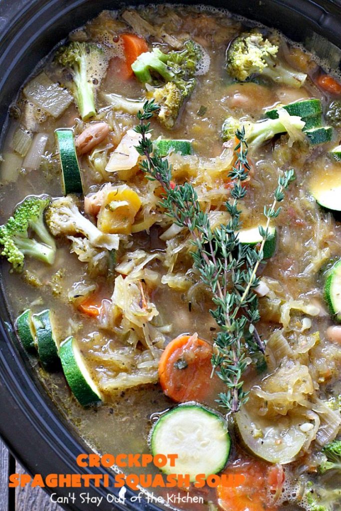 Crockpot Spaghetti Squash Soup | Can't Stay Out of the Kitchen | #spaghettisquash is wonderful in this delicious #soup. Great comfort food, yet healthy & low calorie. #glutenfree