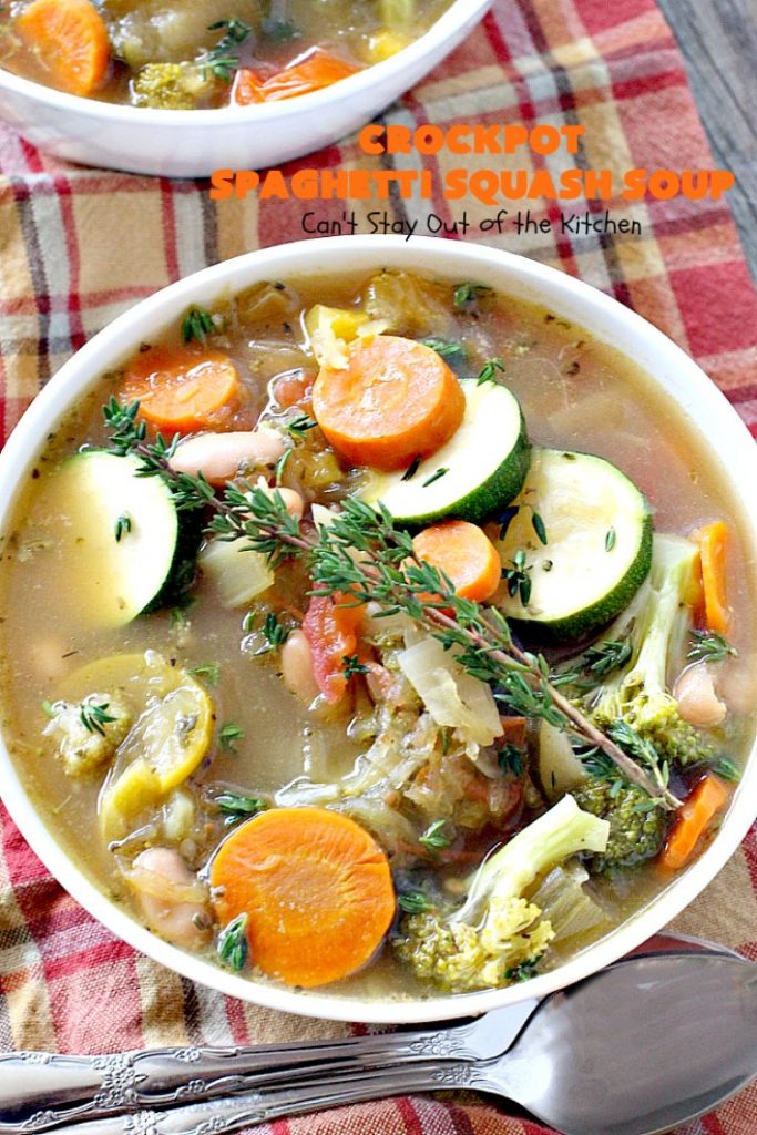 Crockpot Spaghetti Squash Soup | Can't Stay Out of the Kitchen | #spaghettisquash is wonderful in this delicious #soup. Great comfort food, yet healthy & low calorie. #glutenfree