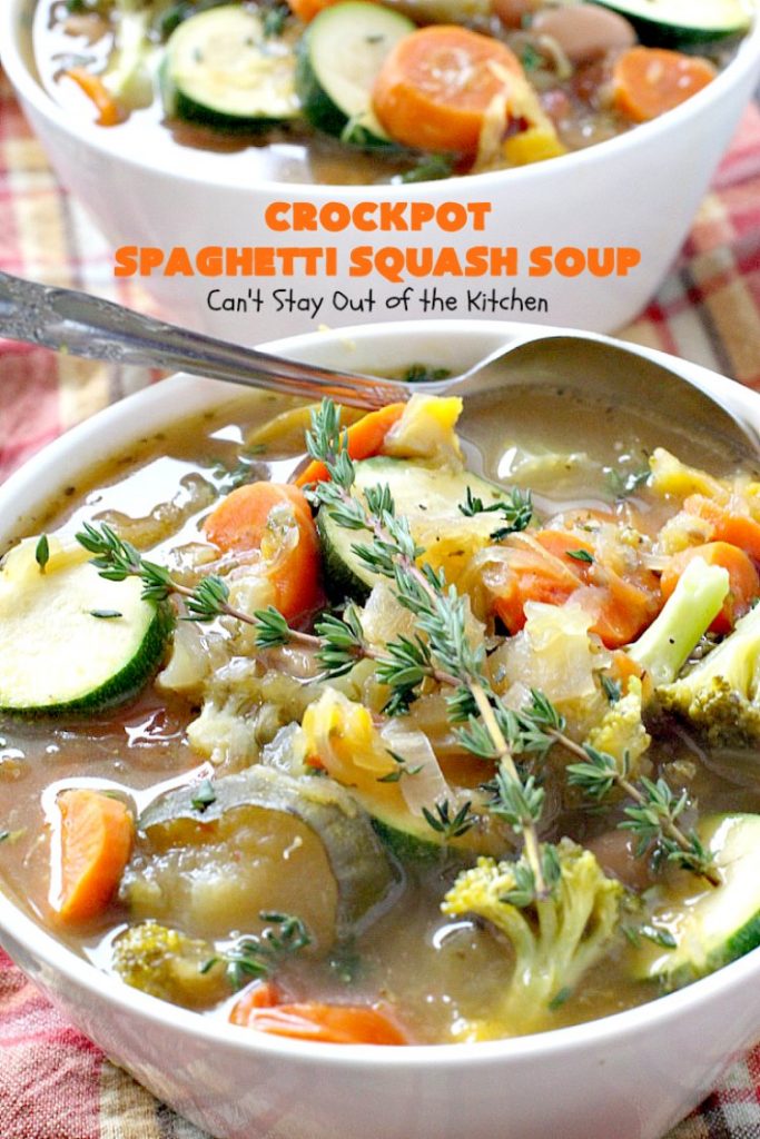 Crockpot Spaghetti Squash Soup | Can't Stay Out of the Kitchen | #spaghettisquash is wonderful in this delicious #soup. Great comfort food, yet healthy & low calorie. #glutenfree