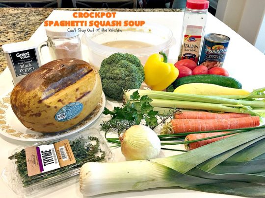 Crockpot Spaghetti Squash Soup | Can't Stay Out of the Kitchen | #spaghettisquash is wonderful in this delicious #soup. Great comfort food, yet healthy & low calorie. #glutenfree