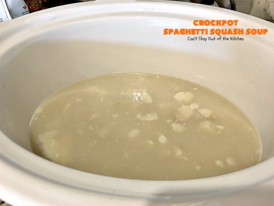 Crockpot Spaghetti Squash Soup | Can't Stay Out of the Kitchen | #spaghettisquash is wonderful in this delicious #soup. Great comfort food, yet healthy & low calorie. #glutenfree