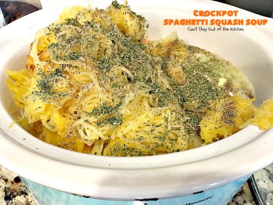 Crockpot Spaghetti Squash Soup | Can't Stay Out of the Kitchen | #spaghettisquash is wonderful in this delicious #soup. Great comfort food, yet healthy & low calorie. #glutenfree