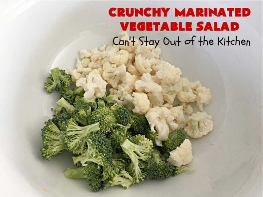Crunchy Marinated Vegetable Salad | Can't Stay Out of the Kitchen | this #healthy & delicious #salad is #vegan, #GlutenFree, #LowCalorie & terrific for a company dinner. It's lasts several days in the refrigerator so it's great for lunches too. #MarinatedVegetableSalad #CrunchyMarinatedVegetableSalad #tomatoes #broccoli #cauliflower #Zucchini #carrots #SnowPeas #HendricksonsOriginalOliveOilAndSweetVinegarSaladDressing