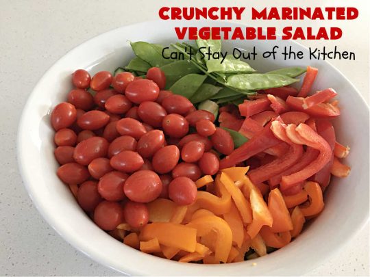 Crunchy Marinated Vegetable Salad | Can't Stay Out of the Kitchen | this #healthy & delicious #salad is #vegan, #GlutenFree, #LowCalorie & terrific for a company dinner. It's lasts several days in the refrigerator so it's great for lunches too. #MarinatedVegetableSalad #CrunchyMarinatedVegetableSalad #tomatoes #broccoli #cauliflower #Zucchini #carrots #SnowPeas #HendricksonsOriginalOliveOilAndSweetVinegarSaladDressing