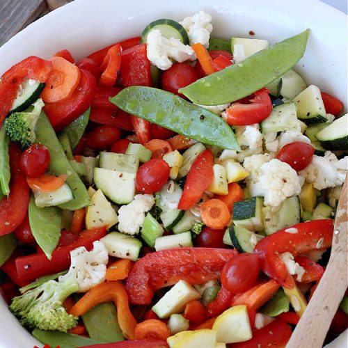 Crunchy Marinated Vegetable Salad | Can't Stay Out of the Kitchen | this #healthy & delicious #salad is #vegan, #GlutenFree, #LowCalorie & terrific for a company dinner. It's lasts several days in the refrigerator so it's great for lunches too. #MarinatedVegetableSalad #CrunchyMarinatedVegetableSalad #tomatoes #broccoli #cauliflower #Zucchini #carrots #SnowPeas #HendricksonsOriginalOliveOilAndSweetVinegarSaladDressing