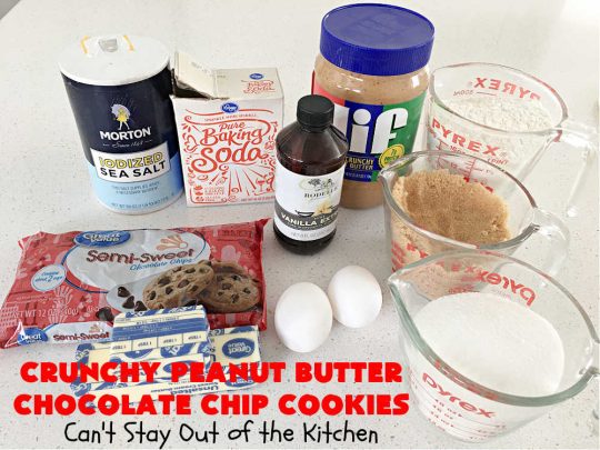 Crunchy Peanut Butter Chocolate Chip Cookies | Can't Stay Out of the Kitchen | these amazing whopper-sized #PeanutButterCookies contain #ChocolateChips making them some of the best #ChocolateChipCookies ever! They're terrific for #holiday parties or a #ChristmasCookieExchange. #chocolate #PeanutButter #PeanutButterDessert #ChocolateDessert #dessert #HolidayDessert #CrunchyPeanutButterChocolateChipCookies