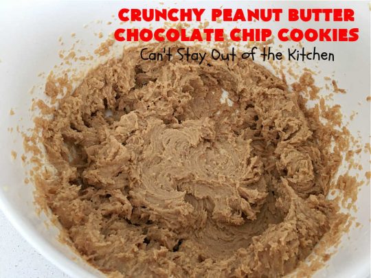 Crunchy Peanut Butter Chocolate Chip Cookies | Can't Stay Out of the Kitchen | these amazing whopper-sized #PeanutButterCookies contain #ChocolateChips making them some of the best #ChocolateChipCookies ever! They're terrific for #holiday parties or a #ChristmasCookieExchange. #chocolate #PeanutButter #PeanutButterDessert #ChocolateDessert #dessert #HolidayDessert #CrunchyPeanutButterChocolateChipCookies