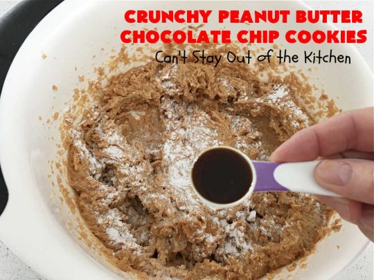 Crunchy Peanut Butter Chocolate Chip Cookies | Can't Stay Out of the Kitchen | these amazing whopper-sized #PeanutButterCookies contain #ChocolateChips making them some of the best #ChocolateChipCookies ever! They're terrific for #holiday parties or a #ChristmasCookieExchange. #chocolate #PeanutButter #PeanutButterDessert #ChocolateDessert #dessert #HolidayDessert #CrunchyPeanutButterChocolateChipCookies