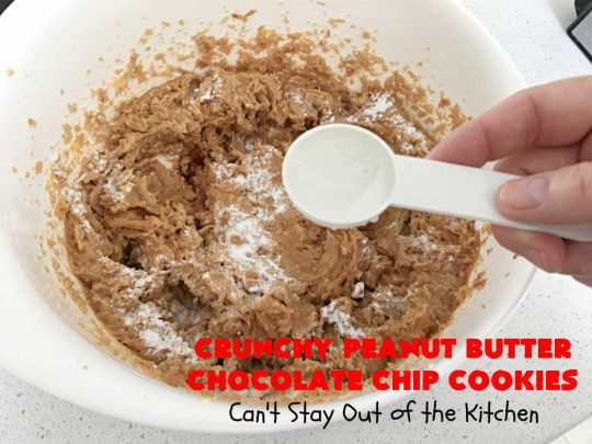 Crunchy Peanut Butter Chocolate Chip Cookies | Can't Stay Out of the Kitchen | these amazing whopper-sized #PeanutButterCookies contain #ChocolateChips making them some of the best #ChocolateChipCookies ever! They're terrific for #holiday parties or a #ChristmasCookieExchange. #chocolate #PeanutButter #PeanutButterDessert #ChocolateDessert #dessert #HolidayDessert #CrunchyPeanutButterChocolateChipCookies