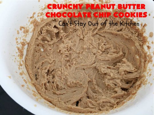 Crunchy Peanut Butter Chocolate Chip Cookies | Can't Stay Out of the Kitchen | these amazing whopper-sized #PeanutButterCookies contain #ChocolateChips making them some of the best #ChocolateChipCookies ever! They're terrific for #holiday parties or a #ChristmasCookieExchange. #chocolate #PeanutButter #PeanutButterDessert #ChocolateDessert #dessert #HolidayDessert #CrunchyPeanutButterChocolateChipCookies