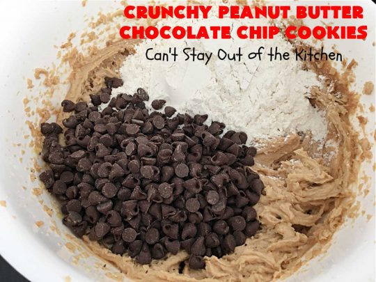 Crunchy Peanut Butter Chocolate Chip Cookies | Can't Stay Out of the Kitchen | these amazing whopper-sized #PeanutButterCookies contain #ChocolateChips making them some of the best #ChocolateChipCookies ever! They're terrific for #holiday parties or a #ChristmasCookieExchange. #chocolate #PeanutButter #PeanutButterDessert #ChocolateDessert #dessert #HolidayDessert #CrunchyPeanutButterChocolateChipCookies