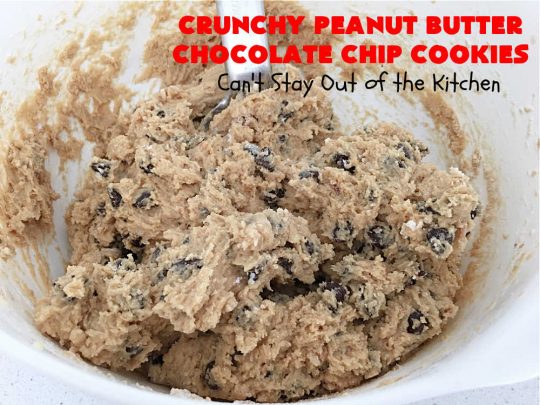 Crunchy Peanut Butter Chocolate Chip Cookies | Can't Stay Out of the Kitchen | these amazing whopper-sized #PeanutButterCookies contain #ChocolateChips making them some of the best #ChocolateChipCookies ever! They're terrific for #holiday parties or a #ChristmasCookieExchange. #chocolate #PeanutButter #PeanutButterDessert #ChocolateDessert #dessert #HolidayDessert #CrunchyPeanutButterChocolateChipCookies