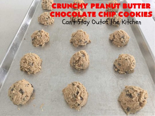 Crunchy Peanut Butter Chocolate Chip Cookies | Can't Stay Out of the Kitchen | these amazing whopper-sized #PeanutButterCookies contain #ChocolateChips making them some of the best #ChocolateChipCookies ever! They're terrific for #holiday parties or a #ChristmasCookieExchange. #chocolate #PeanutButter #PeanutButterDessert #ChocolateDessert #dessert #HolidayDessert #CrunchyPeanutButterChocolateChipCookies