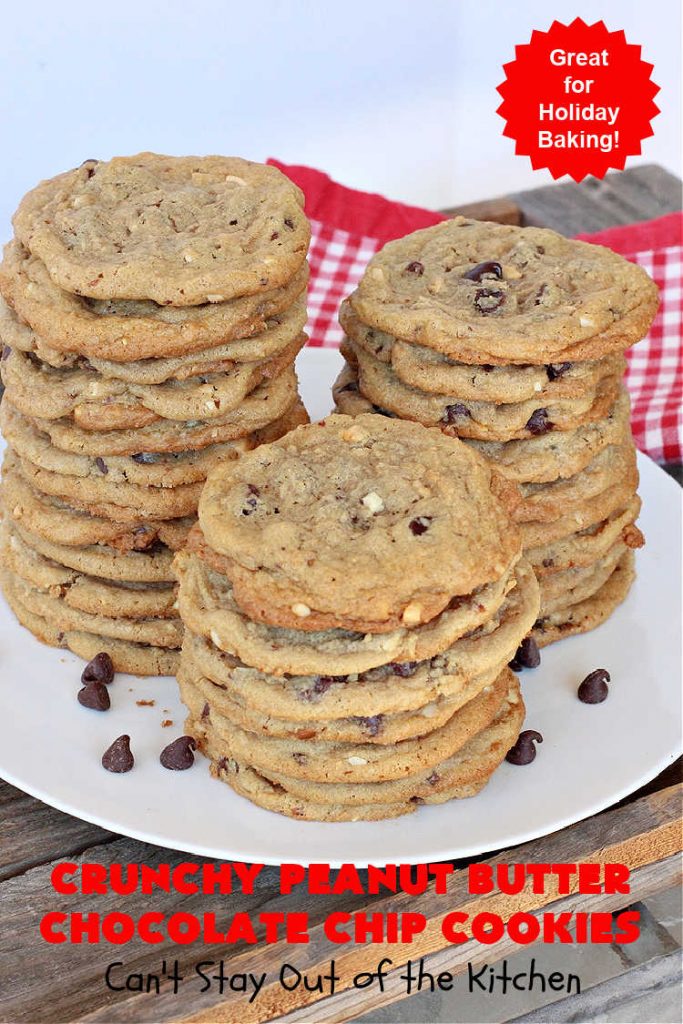 Crunchy Peanut Butter Chocolate Chip Cookies | Can't Stay Out of the Kitchen | these amazing whopper-sized #PeanutButterCookies contain #ChocolateChips making them some of the best #ChocolateChipCookies ever! They're terrific for #holiday parties or a #ChristmasCookieExchange. #chocolate #PeanutButter #PeanutButterDessert #ChocolateDessert #dessert #HolidayDessert #CrunchyPeanutButterChocolateChipCookies
