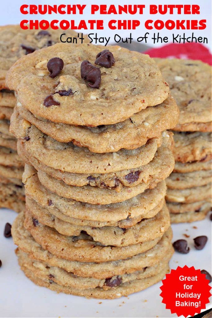 Crunchy Peanut Butter Chocolate Chip Cookies | Can't Stay Out of the Kitchen | these amazing whopper-sized #PeanutButterCookies contain #ChocolateChips making them some of the best #ChocolateChipCookies ever! They're terrific for #holiday parties or a #ChristmasCookieExchange. #chocolate #PeanutButter #PeanutButterDessert #ChocolateDessert #dessert #HolidayDessert #CrunchyPeanutButterChocolateChipCookies