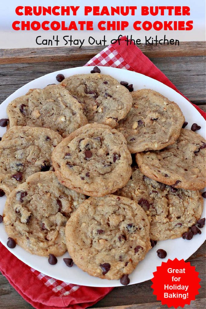 Crunchy Peanut Butter Chocolate Chip Cookies | Can't Stay Out of the Kitchen | these amazing whopper-sized #PeanutButterCookies contain #ChocolateChips making them some of the best #ChocolateChipCookies ever! They're terrific for #holiday parties or a #ChristmasCookieExchange. #chocolate #PeanutButter #PeanutButterDessert #ChocolateDessert #dessert #HolidayDessert #CrunchyPeanutButterChocolateChipCookies