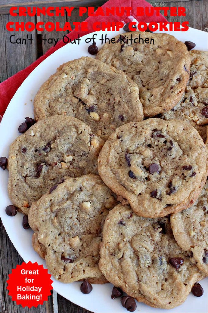 Crunchy Peanut Butter Chocolate Chip Cookies | Can't Stay Out of the Kitchen | these amazing whopper-sized #PeanutButterCookies contain #ChocolateChips making them some of the best #ChocolateChipCookies ever! They're terrific for #holiday parties or a #ChristmasCookieExchange. #chocolate #PeanutButter #PeanutButterDessert #ChocolateDessert #dessert #HolidayDessert #CrunchyPeanutButterChocolateChipCookies
