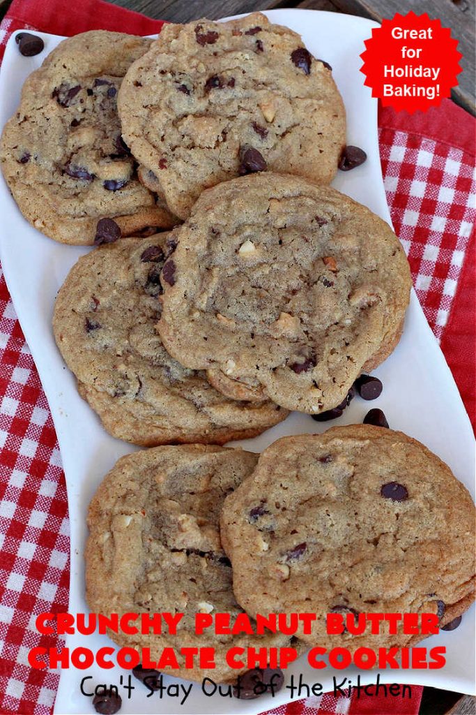 Crunchy Peanut Butter Chocolate Chip Cookies | Can't Stay Out of the Kitchen | these amazing whopper-sized #PeanutButterCookies contain #ChocolateChips making them some of the best #ChocolateChipCookies ever! They're terrific for #holiday parties or a #ChristmasCookieExchange. #chocolate #PeanutButter #PeanutButterDessert #ChocolateDessert #dessert #HolidayDessert #CrunchyPeanutButterChocolateChipCookies