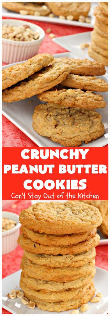 Crunchy Peanut Butter Cookies | Can't Stay Out of the Kitchen | these luscious whopper-sized #PeanutButterCookies are fantastic. Every bite will knock your socks off. Plus they're easy to make & turn out perfectly each time. #tailgating #cookies #PeanutButter #dessert #PeanutButterDessert #CrunchyPeanutButterCookies