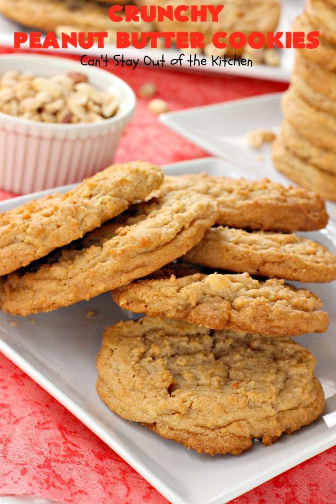 Crunchy Peanut Butter Cookies | Can't Stay Out of the Kitchen | these luscious whopper-sized #PeanutButterCookies are fantastic. Every bite will knock your socks off. Plus they're easy to make & turn out perfectly each time. #tailgating #cookies #PeanutButter #dessert #PeanutButterDessert #CrunchyPeanutButterCookies