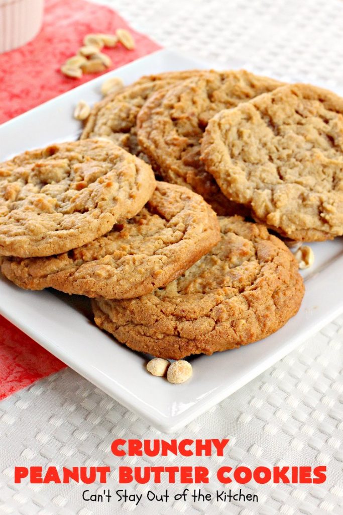 Crunchy Peanut Butter Cookies | Can't Stay Out of the Kitchen | these luscious whopper-sized #PeanutButterCookies are fantastic. Every bite will knock your socks off. Plus they're easy to make & turn out perfectly each time. #tailgating #cookies #PeanutButter #dessert #PeanutButterDessert #CrunchyPeanutButterCookies
