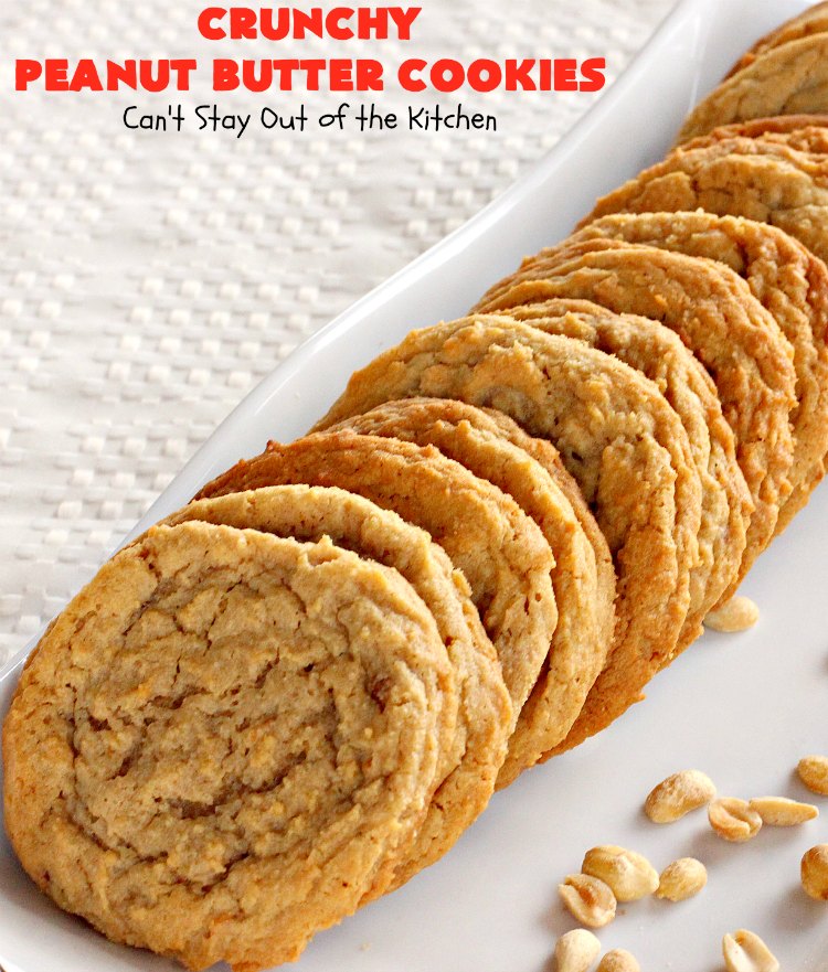 Crunchy Peanut Butter Cookies | Can't Stay Out of the Kitchen | these luscious whopper-sized #PeanutButterCookies are fantastic. Every bite will knock your socks off. Plus they're easy to make & turn out perfectly each time. #tailgating #cookies #PeanutButter #dessert #PeanutButterDessert #CrunchyPeanutButterCookies